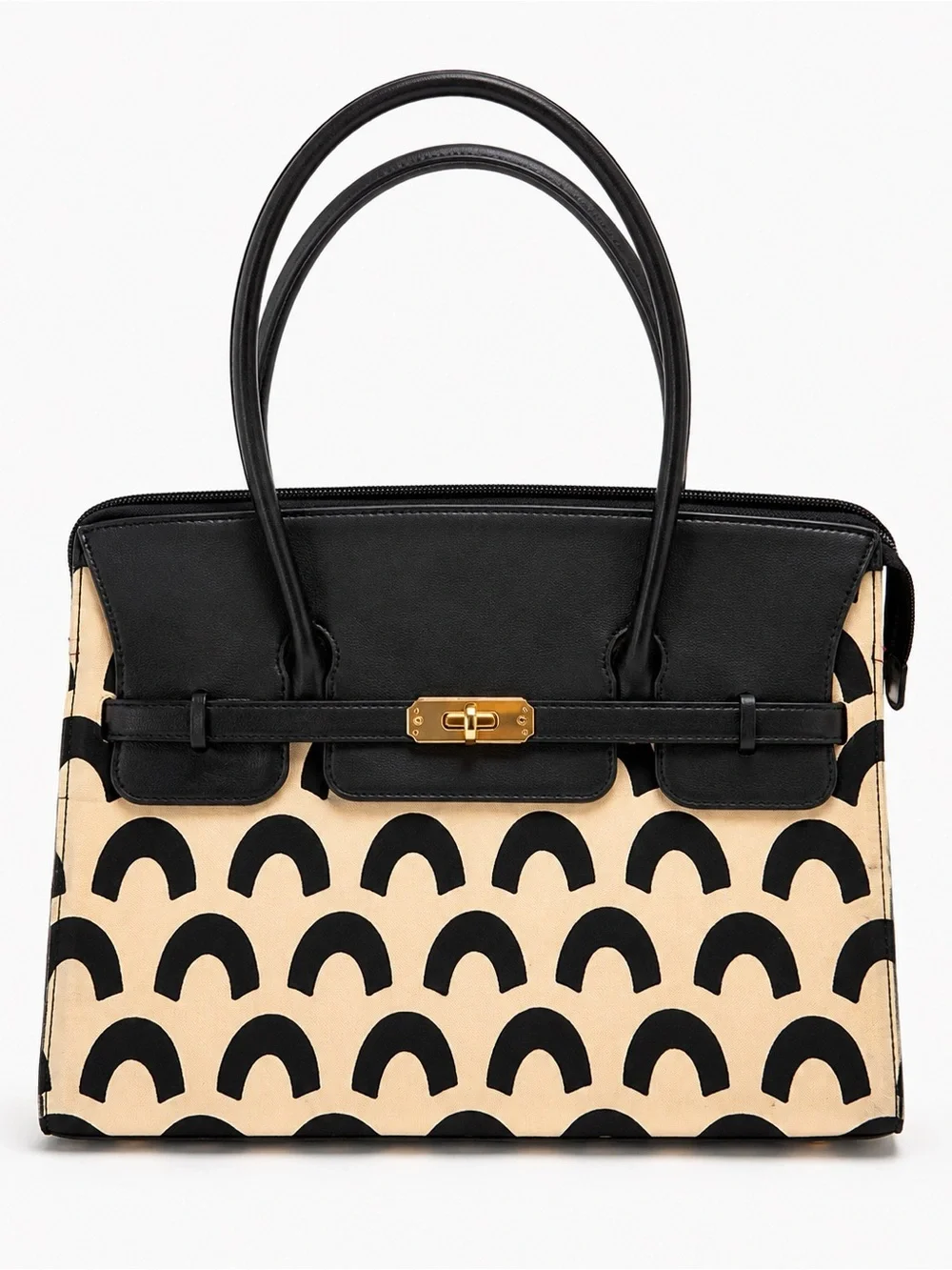 Isabella Fiore Black & Ivory Canvas Leather Satchel Handbag Geometric Print Gold